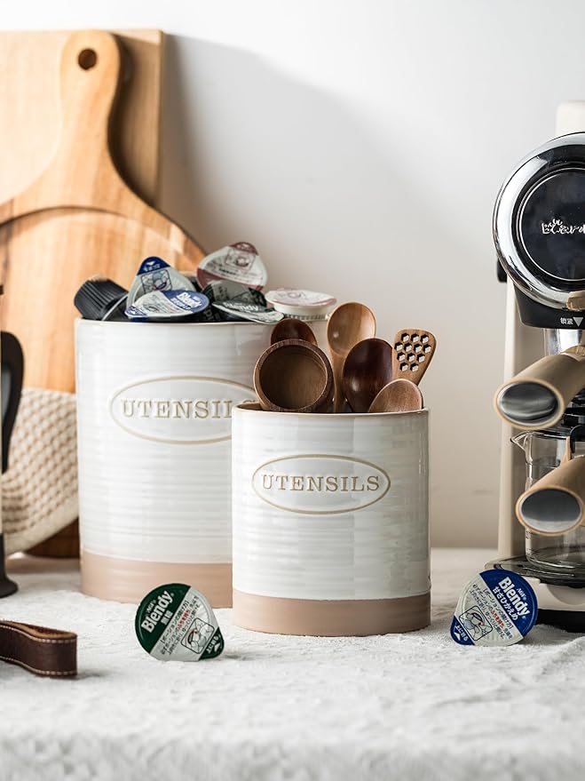 YHOSSEUN Utensil Holder Set of 2, Ceramic Utensil Holder for Kitchen Counter, 6.7"+5.1" Kitchen Utensil Crocks Spatula Holder for Countertop, Two-tone Finish Oval Opening