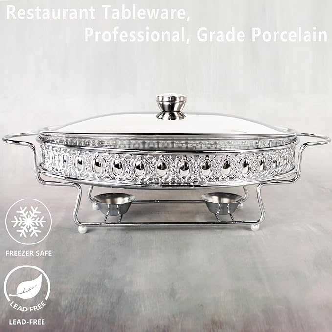 Casserole Dish 13" x 9" Glass Baking Dish with Stainless steel Lid and rack, Silver oval 2.5 Qt Large Baking Pan For Casserole & Lasagna, Microwave Dishwasher Freezer Oven Safe