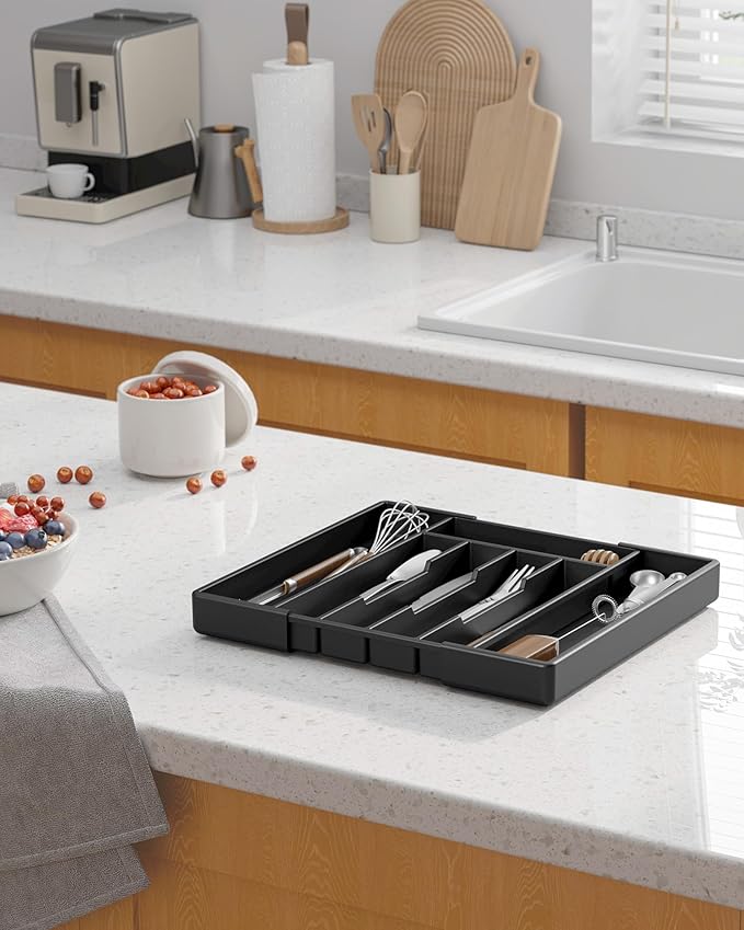 Kitsure Silverware Organizer for Drawers - Expandable Cutlery and Utensil Drawer Organizer with Easy Maintenance, Premium PP Kitchen Organizers and Storage for Flatware, Black, 13.2" x 12.2" x 1.6"
