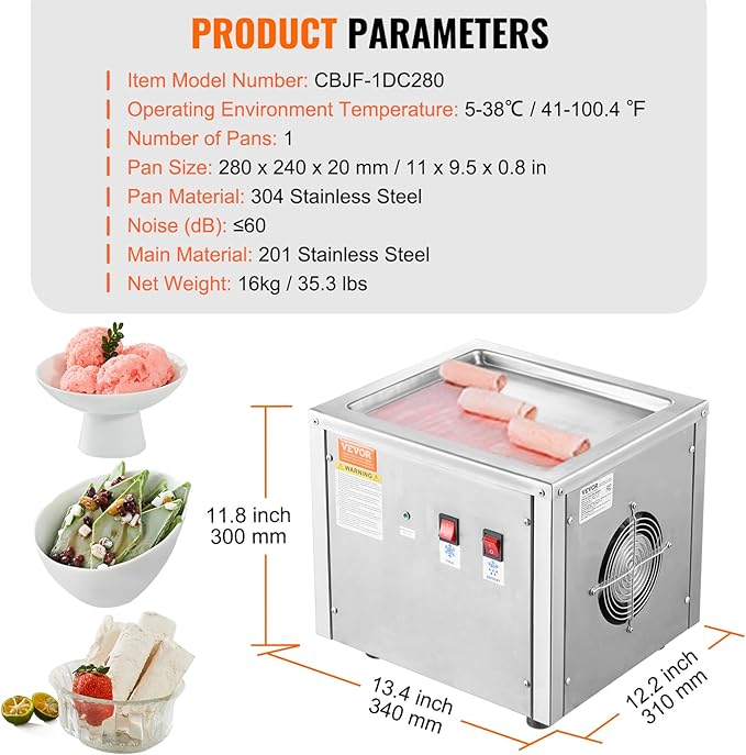 VEVOR Commercial Ice Roll Maker,Stir-Fried Yogurt Cream Machine 220W, Ice Cream Roll Machine with 9.4" x 11" Square Pan, Button Defrost Method with Food Shovels Perfect for Bars,Cafes Dessert Shops