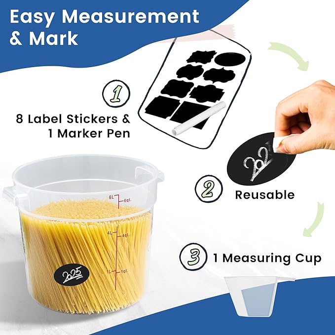 4 Pack 6QT Round Food Storage Containers with Lids, BPA-Free Polypropylene NSF Commercial Food Container, with Labels & Measuring Cup