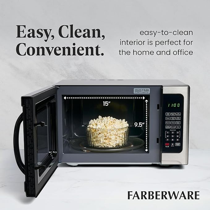 Farberware Countertop Microwave Oven 1.2 Cu. Ft. 1000 Watt with LED Lighting, Child Lock, Easy Clean Grey Interior, Stainless Steel, Black Stainless