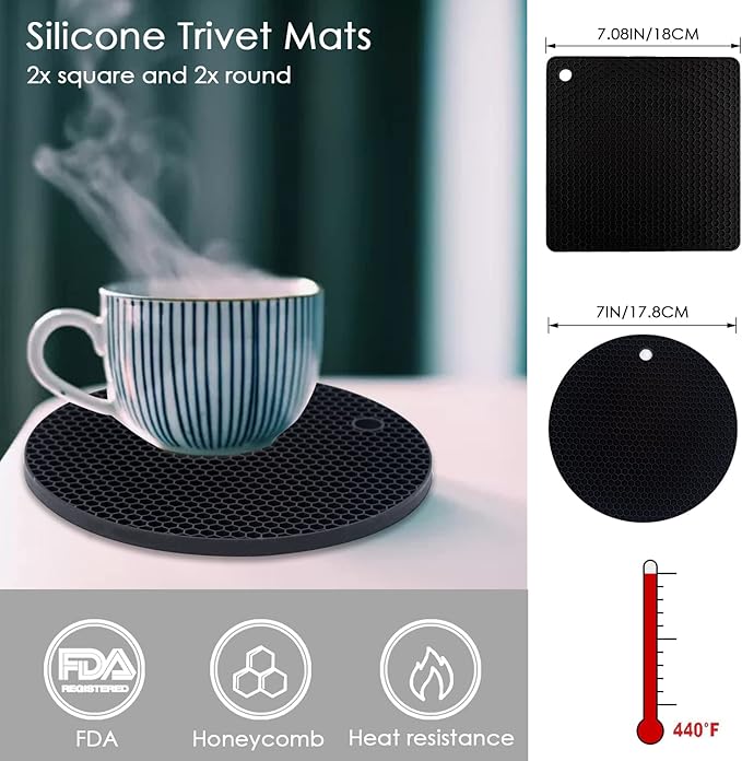 4 Pack Silicone Trivets for Hot Pots and Pans, Black Hot Pads Pot Holders, Non-Slip & Heat Resistant Silicone Mats for Kitchen Counter, Soft Durable Drying Mat, Jar Opener and Coasters, Black