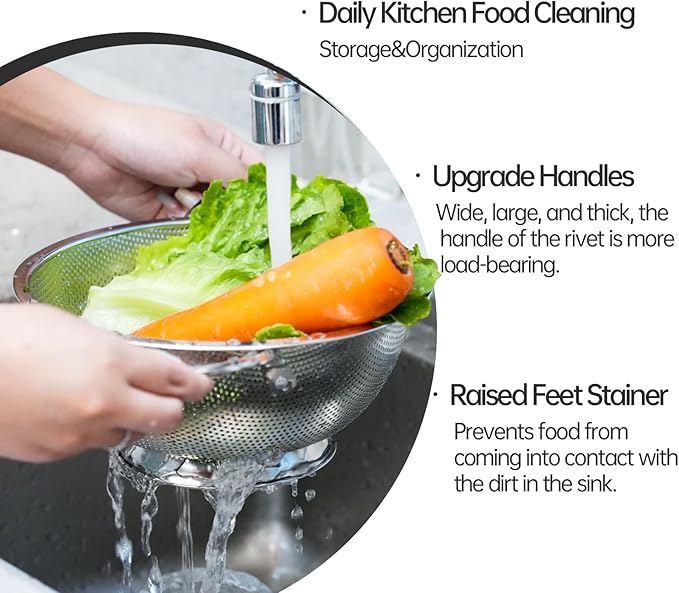 Premium Stainless Steel Colander for Kitchen, Food Strainer Basket with Handle and Solid Ring Base for Fruits Vegetables Rice and Pasta, Dishwasher Safe (3QT+5QT)