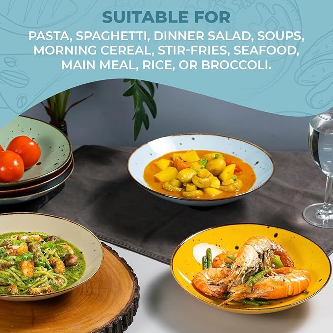 8.1 Inch Serving Bowls - Set of 6 | 16 Oz Large Pasta Salad Bowls, Microwave/Oven Safe, Wide Shallow Porcelain Bowls for Party, Dinner, Entertaining, Stackable - Vivid Assorted Colors