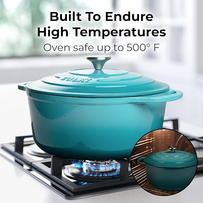 Zulay Kitchen 7.7 Quart Enameled Cast Iron Dutch Oven with Lid, Silicone Trivet & Heat Pad – Premium Durability & Oven Safe up to 500°F – Heavy Duty Cookware Perfect for Bread Baking, Stews, Braising & Roasting – Light Blue