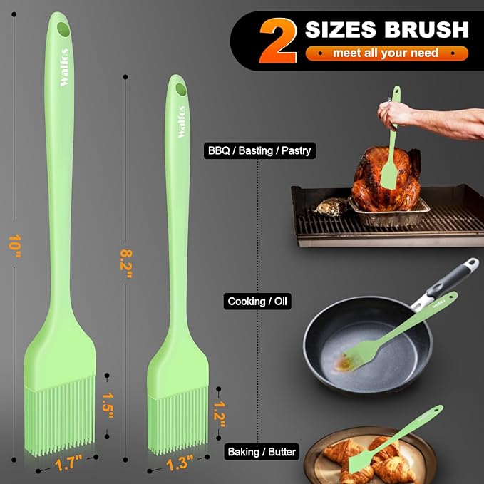 Walfos Basting Brushes Silicone, Heat Resistant Pastry Brushes for Kitchen Cooking, Oil, BBQ Grill, One-Pieces Design,BPA Free and Dishwasher Safe, 2 Pcs (Lime Green)