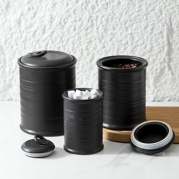 Nihow Food Storage Jar Sets: Ceramic Container with Air Tight Lid for Flour/Sugar/Rice/Coffee/Cookies/Candy - Seal Damp-proof Canister for The Kitchen - Set of 3 (Matte Black)