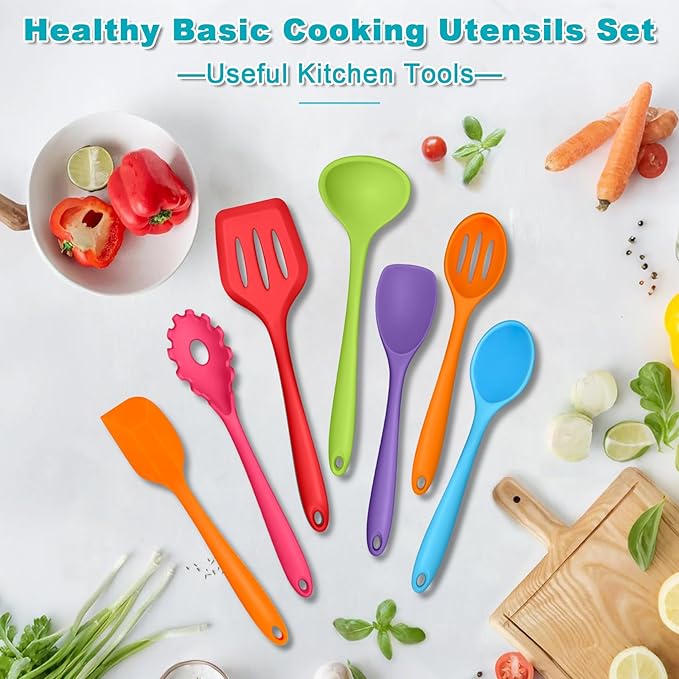 TeamFar Silicone Kitchen Utensils, 7-Piece Kitchen Cooking Utensil Set with Turner Spoon Spatula Ladle, Perfect for Baking Cooking Mixing, Heat-Resistant & Non-Toxic, Dishwasher Safe & Multi Colored