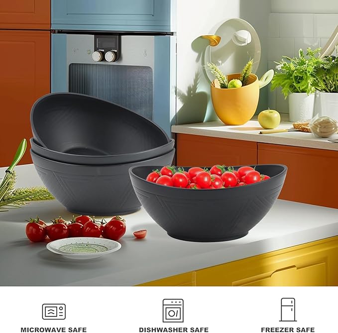 65 OZ Large Salad Bowls, Unbreakable Wheat Straw Bowls Set 4 PCS, Large Plastic Bowl Reusable, Microwave & Dishwasher Safe Kitchen Bowl for Salad, Cereal, Soup and Popcorn (Black)