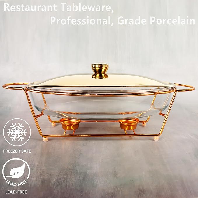 Casserole Dish 13" x 9"Glass Baking Dish with Stainless steel Lid and Golden rack, 2.5 Qt Oval Baking Pan For Casserole & Lasagna, Microwave Dishwasher Freezer Oven Safe