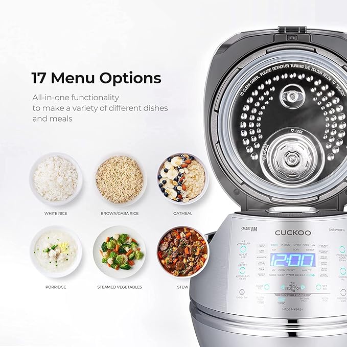 Cuckoo CRP-CHSS1009FN 10 Cup Induction Heating Pressure Rice Cooker, 19 Menu Options, Stainless Steel Inner Pot, Made in Korea, Silver
