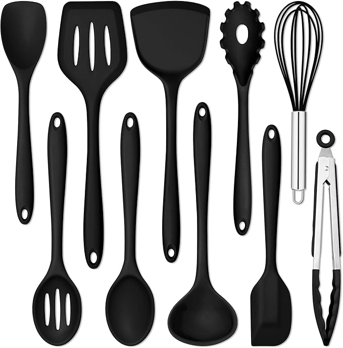 E-far 10 Pieces Silicone Cooking Utensils Set, Heat Resistant Kitchen Utensil Set for Nonstick Cookware, Kitchen Cooking Tools with Spatula, Spoon, Slotted Turner, Non-Toxic & Dishwasher Safe (Black)