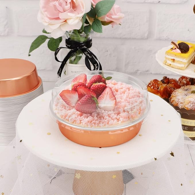Beasea Mini Tart Pans, 8 Oz, 100 Pack, Rose Gold Aluminum Pie Pan Cartoon Tin Tart Pans, Round Oven Baking, 4 Inch