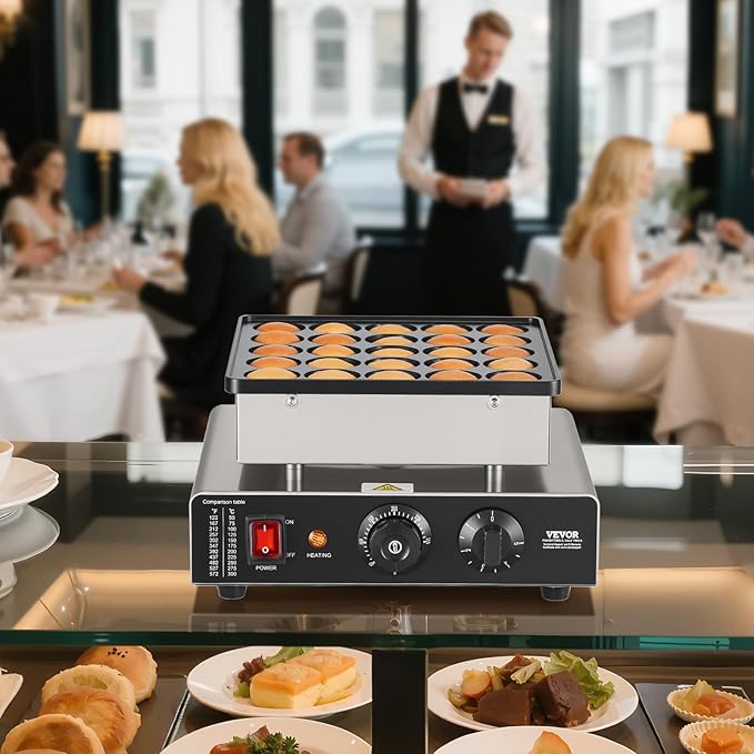 VEVOR Mini Pancake Maker, 25PCS 43mm Diameter Dutch Muffin Waffle Baker, Non-stick Stainless Steel Poffertjes Grill, Commercial Electric Dorayaki Machine, Temp & Time Control, Home Kitchen Restaurant