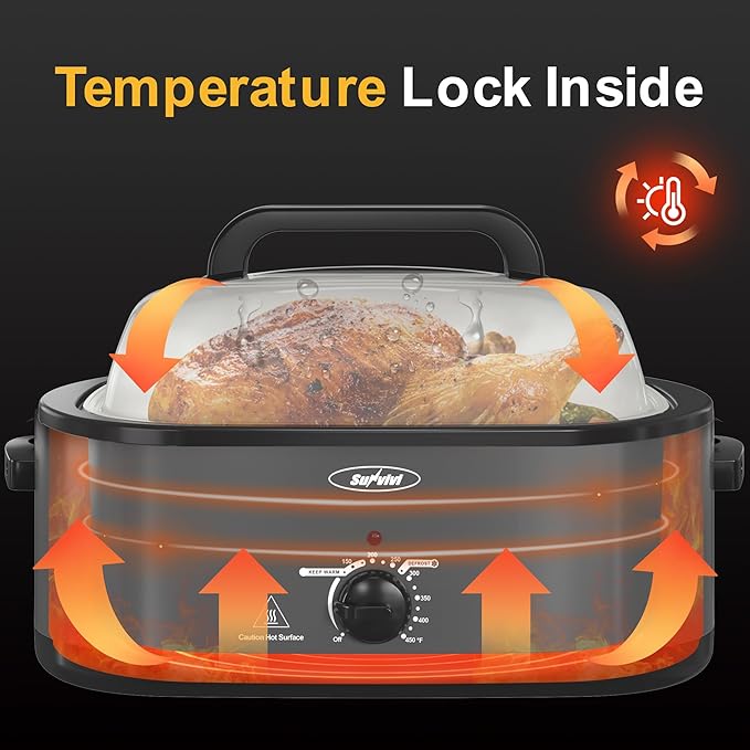 Sunvivi Electric Roaster Oven with Viewing Lid, 26-Quart Turkey Roaster, Defrost/Warm Function, Removable Pan & Rack, Stainless Steel, Grey