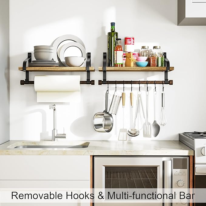 Love-KANKEI Floating Shelf Wall Shelf for Storage Rustic Wood Kitchen Spice Rack with Towel Bar and 8 Removable Hooks for Organize Cooking Utensils or Mugs Carbonized Black