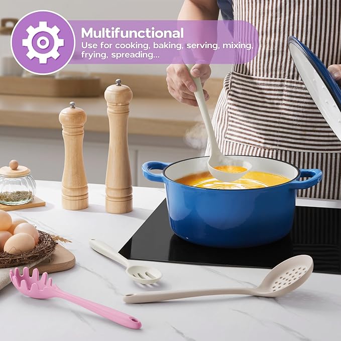 Silicone Cooking Utensils Set, Onader 6 Pcs Kitchen Utensils for Cooking, Heat Resistant Kitchen Gadgets Tools Set for Nonstick Cookware - 3 Mixed Color (Khaki & Pink & White)