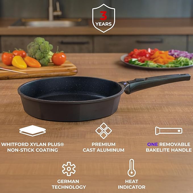 8, 10 and 12 Inch Nonstick Frying Pan Set of 3 - Cast Aluminum Pan with Detachable Handle - Non Stick Skillet Healthy Cooking Pans Induction Compatible Cookware, PFOA Free