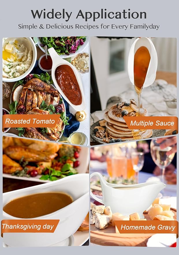 Nucookery Classic 17 Oz Gravy Boat with Warmer, White Fine Porcelain Saucier With Big Dripless Lip Spout, Bowl For Thanksgiving, Warming Sauces, Salad Dressings, Microwave & Freezer Safe(Set of 2)