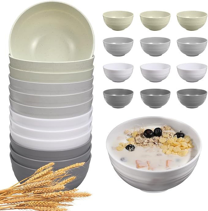 12 Pcs Unbreakable Cereal Bowls Set, 26 Oz Wheat Straw Bowls Set, Microwave & Dishwasher Safe Bowls for Kitchen, Reusable Plastic Bowls for Soup, Salad and Snack, BPA Free, Multicolor