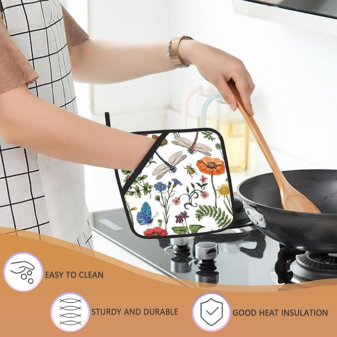 Dragonfly Butterfly Botanical Pot Holders Set of 2, Kitchen Heat Resistant Potholder for Microwave Cooking Baking Oven End Dishes and BBQ