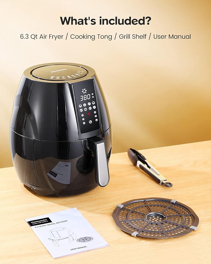 Famiworths Air Fryer, 6.3QT XL Large Electric Hot Airfryer Oven Oilless Cooker, Digital One-Touch Screen with 8 Cooking Mode, Nonstick Basket and Grill Shelf, Includes Cooking Tong, 1500W, Black