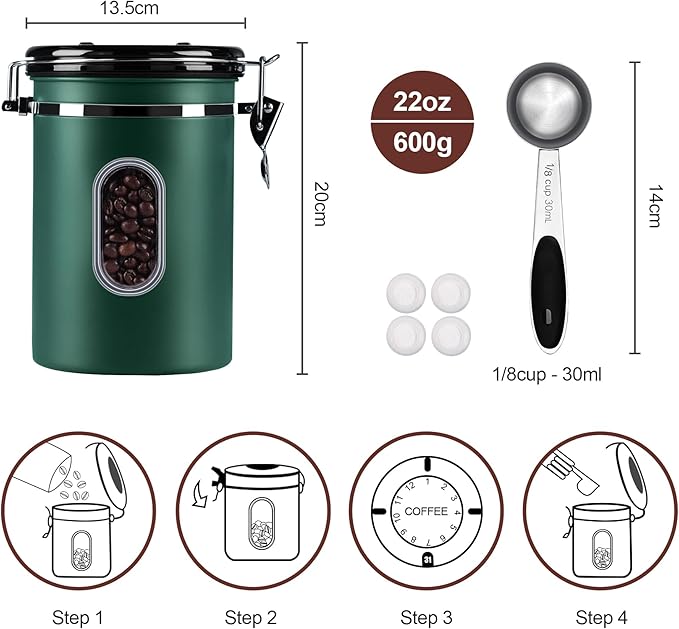 ROCKY&CHAO Airtight Coffee Canister with Date Tracker & Transparent Window, 22OZ Large Tea Coffee Canisters, Coffee Storage Canister, Coffee Container with 30ml Measure Spoon and 4 Co2 Valve(Green)
