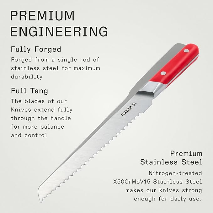 Made In Cookware - 9" Inch Bread Knife - Crafted in France - Full Tang With Pomme Red Handle