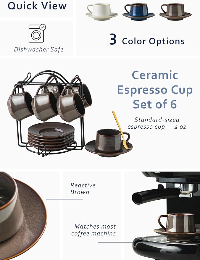 YHOSSEUN Espresso Cups 4 Oz, Porcelain Coffee Cups Set of 6 Espresso Cup with Saucers, Meatal Stand, and Stir Spoons, Brown Expresso Shots Cup