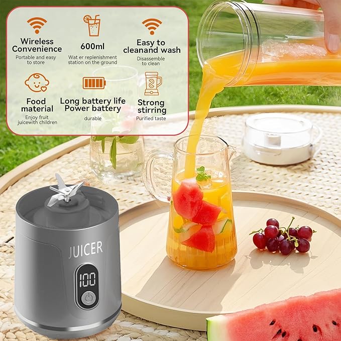 Portable Personal Electric USB Juicer,600ML Mini Blender Portable Blender For Shakes and Smoothies juice,12 Blades Great for Mixing,Compact、Convenient and Versatile (grey)