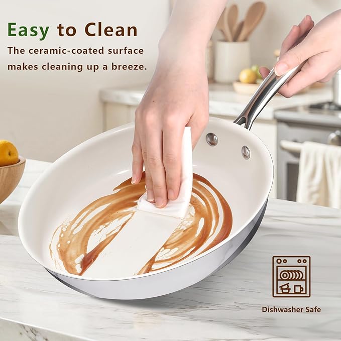 8 Inch Nonstick Ceramic Frying Pan, Tri-Ply Stainless Steel Skillet with Stay-Cool Handle, PFAS/PFOA/PTFE Free, No Seasoning Required, High Heat & Induction Safe, Dishwasher/Oven Safe