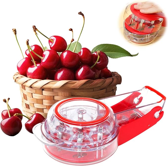 Cherry Pitter, Multi Cherry Stoner, Stainless Steel Multiple Cherry Stone Remover Tool, Cherry Seed Remover, Cherry Stone Seed Removal Core Easy Squeeze with Grip 6 Cherries Red