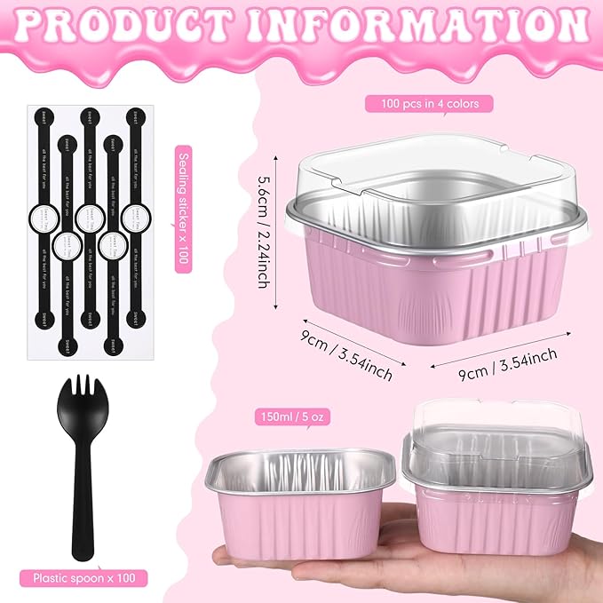 Vesici 100 Set 5 oz Mini Cake Pans with Lids & Spoons Square Aluminum Foil Baking Loaf Pans Disposable Dessert Cups with Stickers for Wedding Birthday Party Picnics, 4 Color