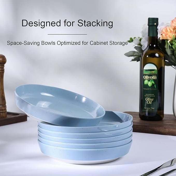 Webbylee 8.25" Melamine Pasta Bowls Set of 6-28oz Melamine Large Salad Bows,Serving Bowls for Cereal, Fruit, Soup,Deep Enough for Kitchen and Dining Blue/Beige