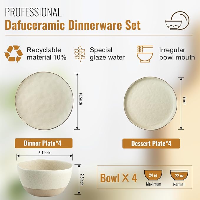 12 Pieces Dinnerware Sets,Plates and Bowls Sets, Handmade Reactive Glaze Dishes Set for 4 with at Least 10% Recycled Ceramic (Beige)