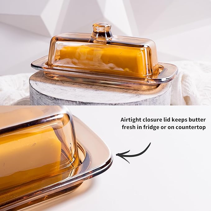 Glass Butter Dish with Lid for Countertop, Champagne Crystal Covered Butter Holder Tray Container(7.9*3.55 in)