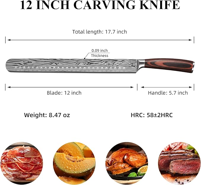 Sunnecko 12 Inch Carving Knife,Ultra Sharp High Carbon German Stainless Steel Brisket Slicing Knife for BBQ, Roasts, Turkey
