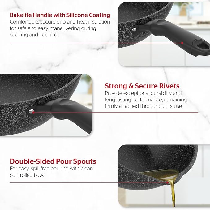 Sunhouse – 10 Inch / 26 cm Non-Stick Deep Frying Pan with Double Pour Spouts, 5-Layer Whitford Non-Stick Coating, PFOA-FREE, Stay-Cool Handle, Induction Compatible with All Cooktops
