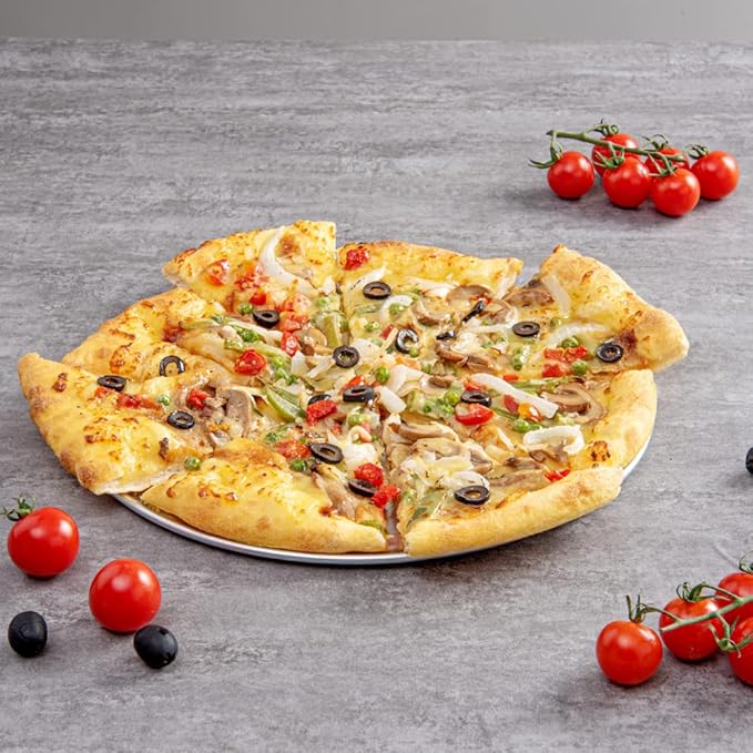 Restaurantware Met Lux 12 Inch Commercial Pizza Pan 1 Coupe Style Pizza Cooking Tray - Heavy-Duty 18-Gauge Aluminum Round Baking Tray Oven-Baking For Pizzas & More (Pack of 3)