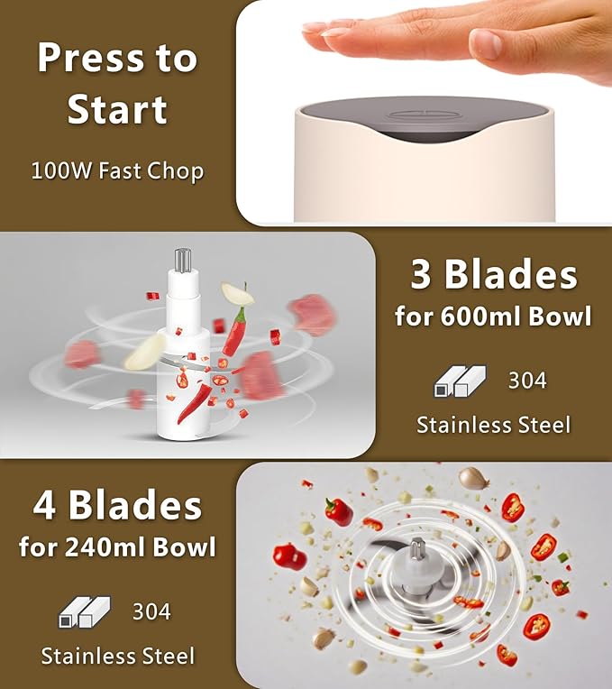 4-in-1 Small Food Processor Cordless Set with 600ml Glass Bowl, 3*240ml Stainless Steel Bowls and 3+4 Blades, USB-C Rechargeable Battery Mini Meat Vegetable Chopper, Electric Kitchen Blender Wireless