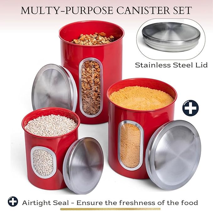 Mixpresso 3-Piece Red Canisters Sets For The Kitchen, Airtight Canister Set With See Through Window, Storage Jars for Coffee Container, Tea Organizer & Sugar Canister, Red Kitchen Canisters