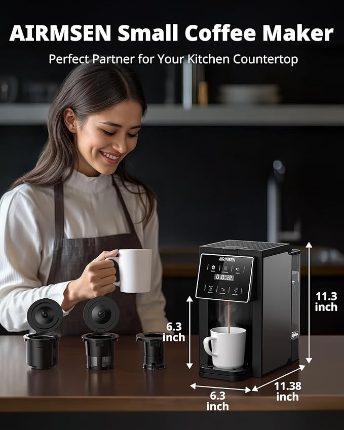 AIRMSEN Grind & Brew Coffee Maker with Grinder - Single Serve Machine Compatible with K-Cup Pods & Ground Coffee, 1000W Fast 6-14oz Brewer, Descaling Alert, Touchscreen & 50oz Removable Tank