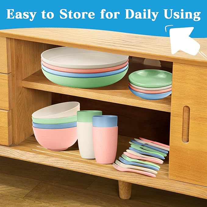 wheat straw bowls,plates,cups and cutlery sets 28 pcs - Unbreakable Dishwasher Safe dinnerware sets service for 4 - Ideal dish sets for kitchen, camping, indoors and out doors.Nordic