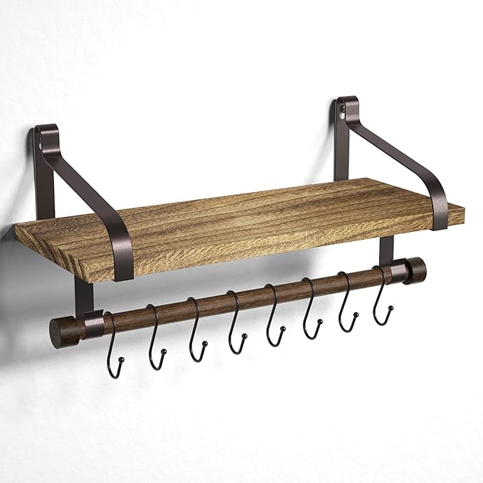 Love-KANKEI Floating Shelf Wall Shelf for Storage Rustic Wood Kitchen Spice Rack with Towel Bar and 8 Removable Hooks for Organize Cooking Utensils or Mugs Carbonized Black/Brown Brackets