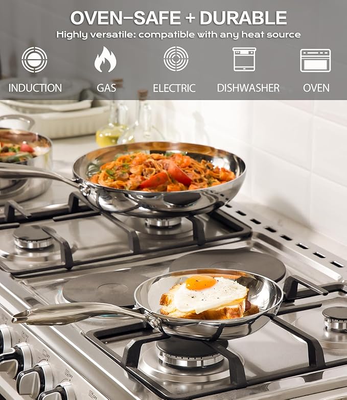 12" Stainless Steel Frying pan W/Lid, 3-Ply Stainless Steel Pan, Induction, Oven Broiler Safe 600F Skillet, Professional Cookware, Polished Sliver