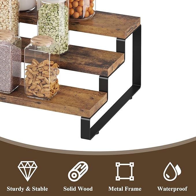 Spice Rack Organizer for Cabinet, 3 Tier Wooden Display Riser Stand, Rustic Cologne Stand for Men, Tiered Perfume Holder, Display Shelf for Candles (Set of 2)