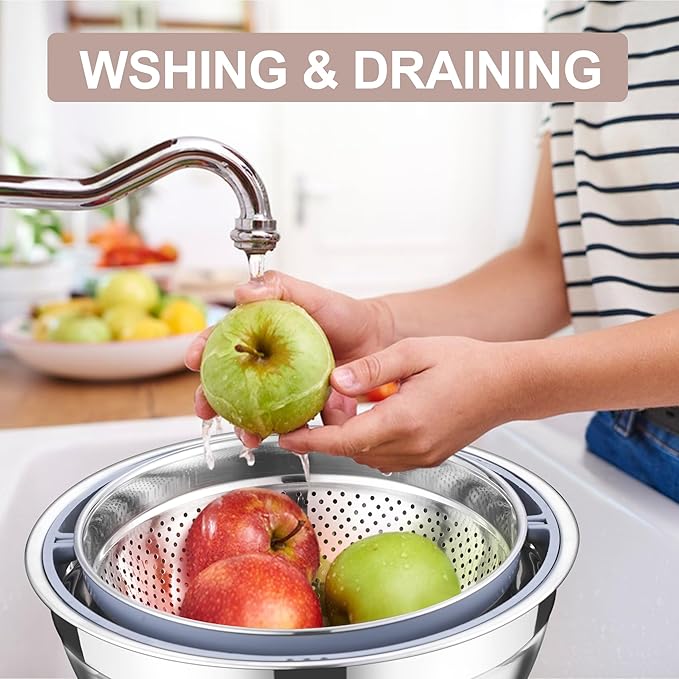 E-far Colander with Mixing Bowl Set, 4-1 Stainless Steel Colander Strainers Bowl with Graters for Kitchen, Rotatable Food Strainer Bowl for Rinsing Fruits Vegetables/Draining Pasta - Khaki