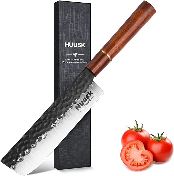 Huusk Japan Knife, Nakiri Knife Japanese Vegetable Knives 7 Inch, Multipurpose Asian Kitchen Chef Knives,Hand Forged High Carbon Steel Sharp Cleaver, Ergonomic Rosewood Handle, Gift Box for Dad