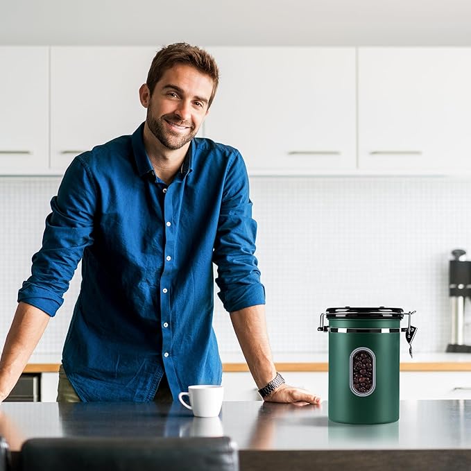 ROCKY&CHAO Airtight Coffee Canister with Date Tracker & Transparent Window, 22OZ Large Tea Coffee Canisters, Coffee Storage Canister, Coffee Container with 30ml Measure Spoon and 4 Co2 Valve(Green)